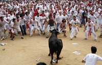 Participantes de la fiesta de San Fermín desafían a un toro de lidia