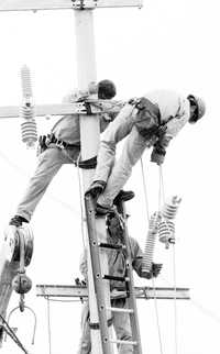 Trabajadores de Luz y Fuerza del Centro instalando cableado en el Distrito Federal