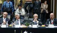 Miguel Carbonell, Fauzi Hamdan, Raúl Carranca y Elías Romero durante la ponencia de José Roldán en el Senado
