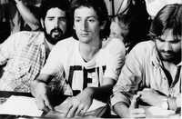 Imanol Ordorika, Antonio Santos y Carlos Ímaz durante el diálogo del Consejo Estudiantil Universitario con la rectoría, el 27 de enero de 1987