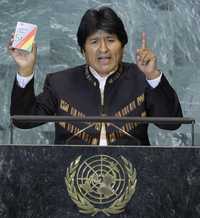 Evo Morales, presidente de Bolivia, al pronunciar su discurso en la Asamblea General de Naciones Unidas ayer en Nueva York, donde sostuvo que "sólo habrá paz en el mundo cuando haya justicia e igualdad social"