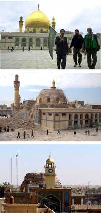 Tres aspectos de la mezquita chiíta Al Asari en Samarra: el primero, en febrero de 2004, como lucía originalmente; el segundo, en imagen de 2006 tras un ataque que destruyó el domo, y el tercero, ayer, luego de sufrir otro atentado con bomba que derribó los alminares