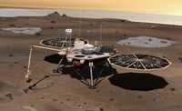 Un artista de la NASA generó una imagen de la sonda Phoenix como esperan que luzca sobre el suelo marciano en su búsqueda de vida
