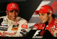 Hamilton y Felipe Massa, en conferencia de prensa ayer en Brasil