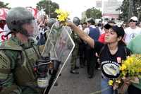 Una estudiante regala flores a un policía antimotines durante una manifestación en Valencia, Venezuela, contra el plan de reformas constitucionales del presidente Hugo Chávez