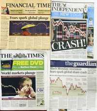 Las primeras planas de diarios británicos de ayer, en Londres, dan cuenta del segundo día consecutivo de debacle de las bolsas mundiales ante el temor por la recesión estadunidense