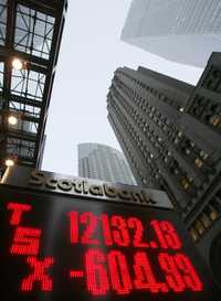 Tablero del mercado de valores en Toronto. El lunes el indicador TSX perdió cerca de 605 puntos, contagiado por lo que sucedió en Wall Street