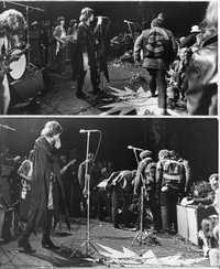 Esta imagen de archivo muestra a Jagger durante un concierto en Altamont, en diciembre de 1969. Abajo: el líder de los Stones observa a los famosos motociclistas Ángeles del Infierno que arrastran a una persona en el escenario