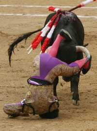 Manuel González, Montoyita , recibe una cornada durante la séptima novillada en la Plaza de Toros México