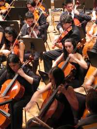 Sección de violonchelos de la Orquesta Sinfónica Juvenil en la sala BlasGa, la noche del sábado