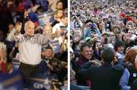 El candidato republicano a la presidencia estadunidense, John McCain, es aclamado al llegar a una preparatoria de Zanesville, Ohio, mientras su contendiente demócrata Barack Obama (imagen derecha) saluda a la multitud que lo recibió en la Universidad de Colorado, en Fort Collins