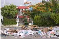 Una de las calles de Cancún, llenas de basura debido a la falta de servicio de limpia, pese a que la empresa que ganó la licitación se declaró lista y sólo espera el visto bueno del Congreso de Quintana Roo