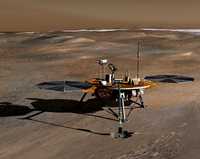 La imagen muestra una recreación artística del vehículo espacial Fénix posado en Marte