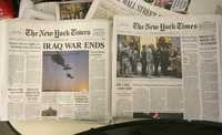 El falso ejemplar del New York Times que circuló en Nueva York y Los Ángeles "informando" el fin del conflicto. A la derecha, la edición auténtica