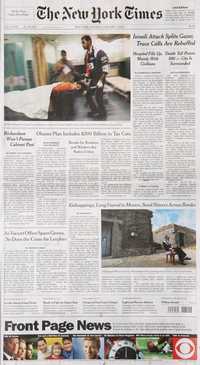 La portada del New York Times de ayer lunes contiene ya un anuncio de la cadena de televisión CBS en la parte inferior