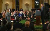 Aspecto de la primera conferencia de prensa que ofrece Barack Obama desde la Casa Blanca