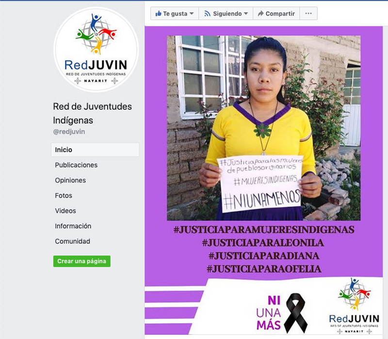 Campaña de Facebook organizada por la Red de Juventudes Indígenas para denunciar los feminicidios en la Sierra del Gran Nayar. Mayo, 2020.