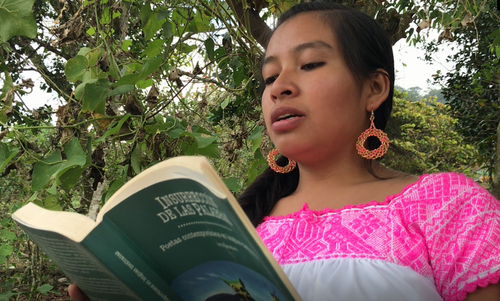 Cruz Alejandra López Juárez leyendo uno de sus poemas, 2019. Miguel Ortigoza Álvarez
