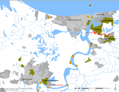 Mapa de la región de la cuenca del río Coatzacoalcos que indica la localización del Arroyo Teapa (rojo) vertedero de mercurio de IQUISA. Gilberto Cházaro García