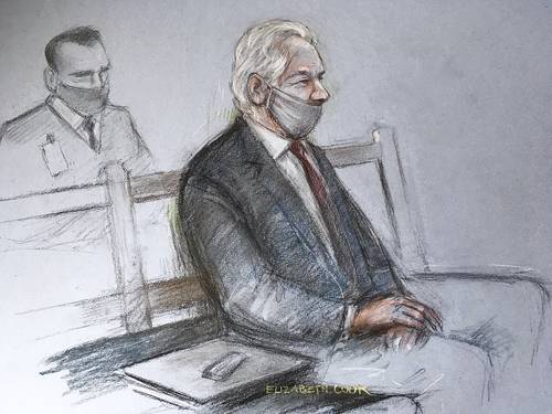  Boceto de Julian Assange durante la audiencia –que duró 40 minutos– celebrada ayer en el Tribunal Penal Central de Old Bailey, en Londres. Foto Ap