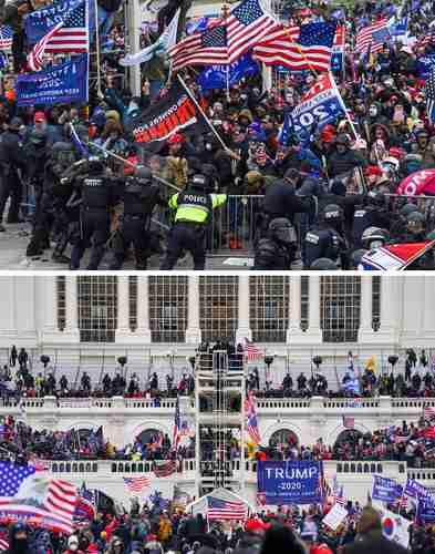  Tras escuchar a Donald Trump en la Casa Blanca, los manifestantes se dirigieron al Capitolio (ubicado a unos 40 minutos caminando), donde los congresistas se disponían a certificar la victoria del presidente electo. Luego de enfrentarse a policías y derribar las cercas que se había colocado alrededor del recinto, los descontentos comenzaron a penetrar la sede legislativa y desplegar banderas y mantas. Foto Ap y Afp