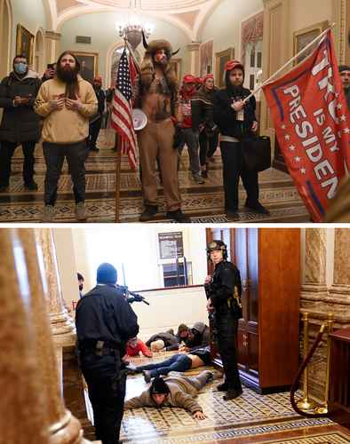  Q-Shaman o Jake Angeli participó en la irrupción con un sombrero de pieles y cuernos. Es un ferviente promotor de la extrema derecha de Estados Unidos. Al final, las fuerzas del orden, a punta de pistola, controlaron a los descontentos. Foto Ap y Afp