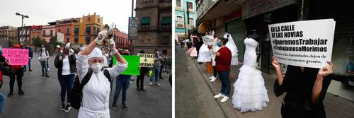 Propietarios y trabajadores de restaurantes, así como empleados de tiendas de vestidos de novia se manifestaron en demanda de reabrir negocios.