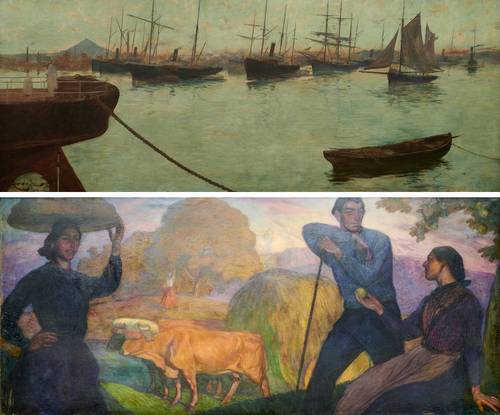 Imágenes de La ría en Axpe, 1886, de Adolfo Guiard (arriba), y de Eva arratiana, 1913, de Aurelio Arteta.