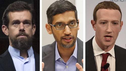 De izquierda a derecha, el director ejecutivo de Twitter, Jack Dorsey, el director ejecutivo de Google, Sundar Pichai, y el director ejecutivo de Facebook, Mark Zuckerberg.