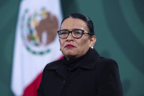 Rosa Icela Rodríguez Velázquez, secretaria de Seguridad y Protección Ciudadana, en la conferencia de prensa de ayer en el Salón Tesorería de Palacio Nacional.