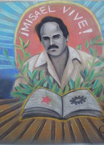 Mural en honor al profesor Misael Núñez Acosta, elaborado por el alumnado de la que fuera su escuela de formación docente, la Normal Rural Lázaro Cárdenas del Río, en Tenería, Edomex.