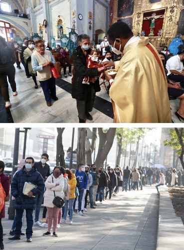 Decenas de personas formaron largas filas afuera de parroquias y oficinas del gobierno. En la primera imagen, feligreses acudieron a la iglesia del barrio de Xaltocan, en Xochimilco, con motivo del Día de La Candelaria para bendecir a sus Niños Dios. Lo hicieron con las medidas de sanidad recomendadas. En la segunda, decenas de personas asistieron al Registro Civil, en la calle Arcos de Belén, para realizar trámites como solicitar actas de nacimiento y de defunción.