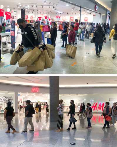 Luego de ocho semanas de permanecer cerrados por la implementación del semáforo rojo por el Covid-19 en la Ciudad de México, capitalinos se formaron desde temprano para ingresar a los centros comerciales, como en Plaza Delta.