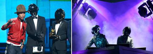 A la izquierda, Pharrell Williams, Thomas Bangalter y Guy-Manuel de Homem-Christo, el 26 de enero de 2014, en Los Ángeles, al recibir un Grammy por Get Lucky. A la derecha, el 29 de abril de 2006 en el festival de Coachella.