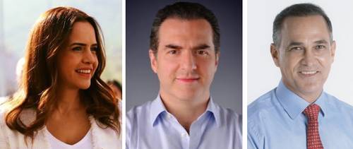 Los aspirantes a la gubernatura de Nuevo León, Clara Luz Flores Carrales, del partido Morena; Adrián de la Garza, de la alianza PRI-PRD, y el panista Fernando Larrazábal. Las fotos fueron tomadas de las respectivas cuentas de Twitter de los contendientes