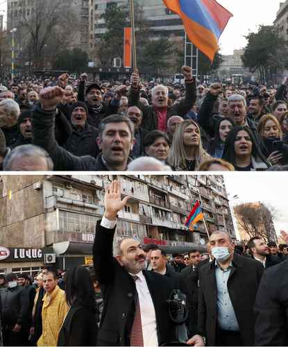 En la imagen de arriba, integrantes de la oposición se movilizaron ayer en las calles de Yereván. Abajo, también en la capital armenia, el premier Nikol Pashinian saluda a sus seguidores.