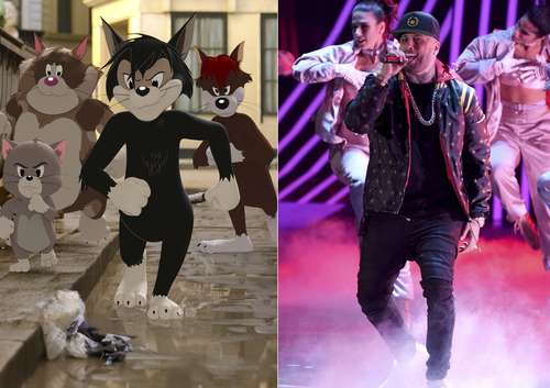 Butch, líder de los gatos callejeros (centro), con la voz de Nicky Jam (derecha), en una escena de la película Tom & Jerry, en la ceremonia de entrega de los premios latinos en 2017.