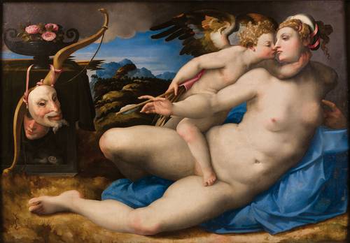 Venus besada por Cupido, de Hendrik van der Broeck, con base en una obra de Miguel Ángel. Óleo sobre tabla, 120 x 195 cm h. 1550-1570, Nápoles, Museo e Real Bosco di Capodimonte.