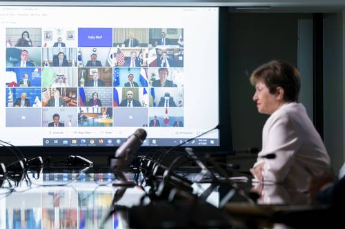 La directora gerente del FMI, Kristalina Georgieva, en la reunión virtual de primavera.