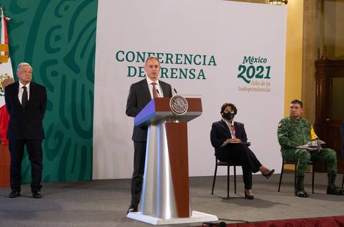 Conferencia matutina con el presidente Andrés Manuel López Obrador; el subsecretario de Salud, Hugo López-Gatell; la titular de Educación, Delfina Gómez, y el secretario de la Defensa, Luis Cresencio Sandoval.