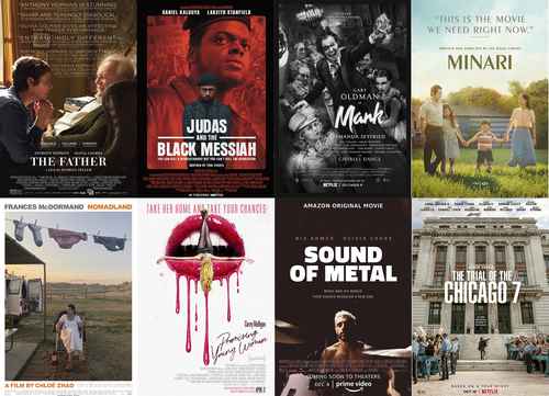 Cartel de los nominados al Óscar a la mejor película, fila superior de izquierda a derecha, The Father, Judas and The Black Messiah, Mank, Minari; fila inferior de izquierda a derecha, Nomadland, Promising Young Woman, Sound of Metal y The Trial of the Chicago 7.