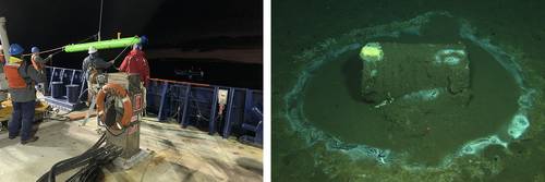 Expertos a bordo del barco Sally Ride despliegan un vehículo submarino autónomo cerca de la isla Santa Catalina. A la derecha, un depósito captado en 2011.