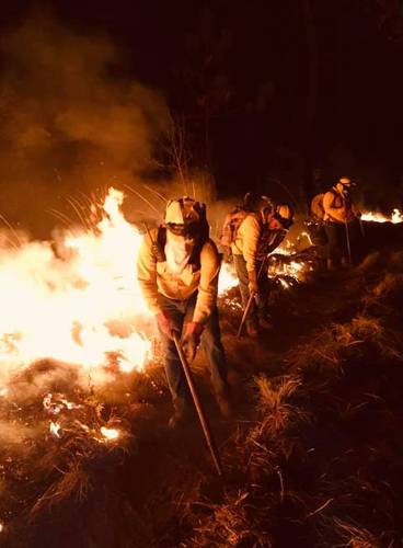 Brigadistas, empleados del ayuntamiento de Uruapan, Michoacán, personal de Protección Civil y bomberos combaten un incendio forestal en el Cerro de la Cruz que se inició en los primeros minutos del miércoles. Autoridades informaron que la conflagración pudo haber sido provocada.