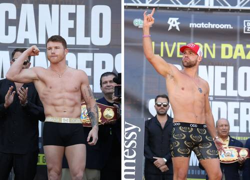 Ante decenas de mexicanos, Saúl Canelo Álvarez cumplió con el pesaje al marcar 167.8 libras rumbo a la pelea por la unificación de los títulos supermedianos del CMB, AMB y OMB este sábado contra el británico Billy Joe Saunders, quien detuvo la báscula en 167.4 libras. “Ya extrañaba a los aficionados, será una gran pelea y victoria. ¡Viva México!”, gritó Álvarez. Saunders, por su parte, fue abucheado y dijo: “Estos fanáticos no me molestan, me impulsan a ganar”.