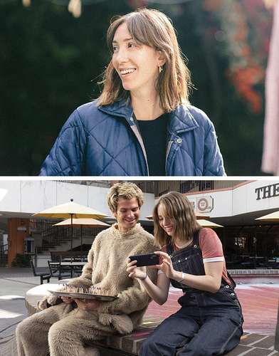 Arriba, la realizadora, y abajo, Andrew Garfield y Maya Hawke, en un fotograma de la película.