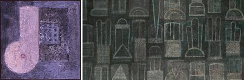 En la imagen izquierda, Códice 87, 1994, mixta sobre tela; a la derecha, un fragmento de Códice 27, 1995, óleo sobre tela, ambas obras de la serie homónima, que se exhibe en el Centro Cultural Estación Indianilla.