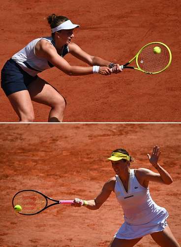 La checa Barbora Krejcikova (arriba) y la rusa Anastasia Pavlyuchenkova ganaron sus partidos contra la griega Maria Sakkari y la eslovena Tamara Zidansek, respectivamente, para disputar el cetro del torneo francés.