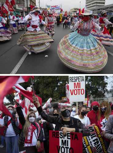 En la primera imagen, movilización en Lima a favor del izquierdista Pedro Castillo. En la segunda, simpatizantes de Keiko Fujimori, también en la capital peruana.