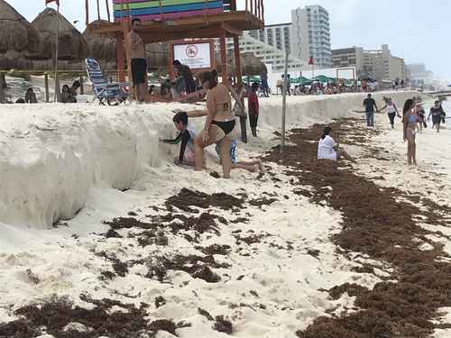 Los fuertes vientos registrados en los días recientes causaron un desnivel en la playa Delfines, en Cancún, Quintana Roo, afectada también por el arribo de sargazo.