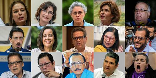 Los opositores detenidos por el gobierno de Nicaragua. De izquierda a derecha: María Fernanda Flores de Alemán, Ana Margarita Vijil, Dora María Téllez, Cristiana Chamorro, José Pallais, Víctor Hugo Tinoco, Suyen Barahona, Arturo Cruz, Violeta Granera, Félix Maradiaga, José Adán Aguerri, Miguel Mora, Hugo Torres, Juan Sebastián Chamorro y Tamara Dávila.